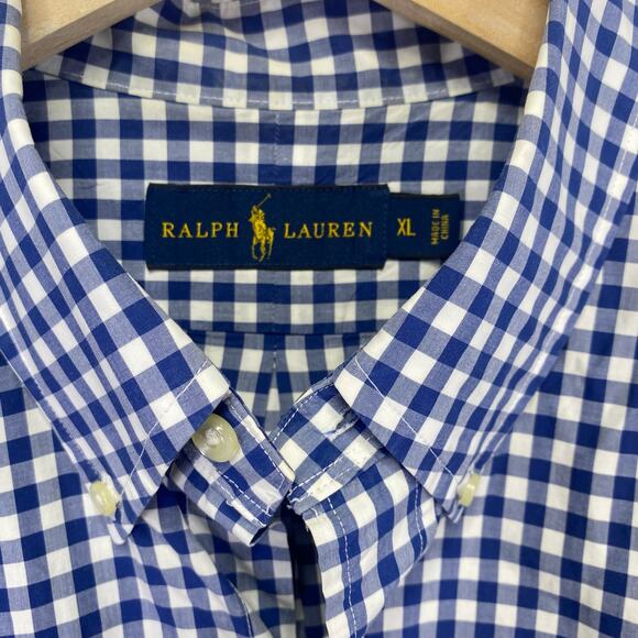 Ralph Lauren Blue Gingham Short Sleeve Button Down Oxford Shirt Mens XL Preppy - Picture 2 of 8
